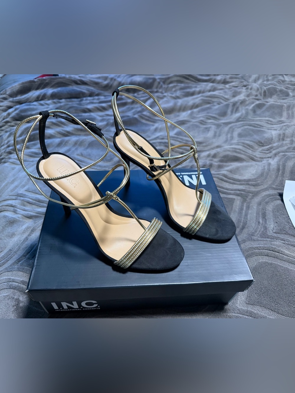 INC International Concepts Black and Gold Strappy High Heel Sandals
